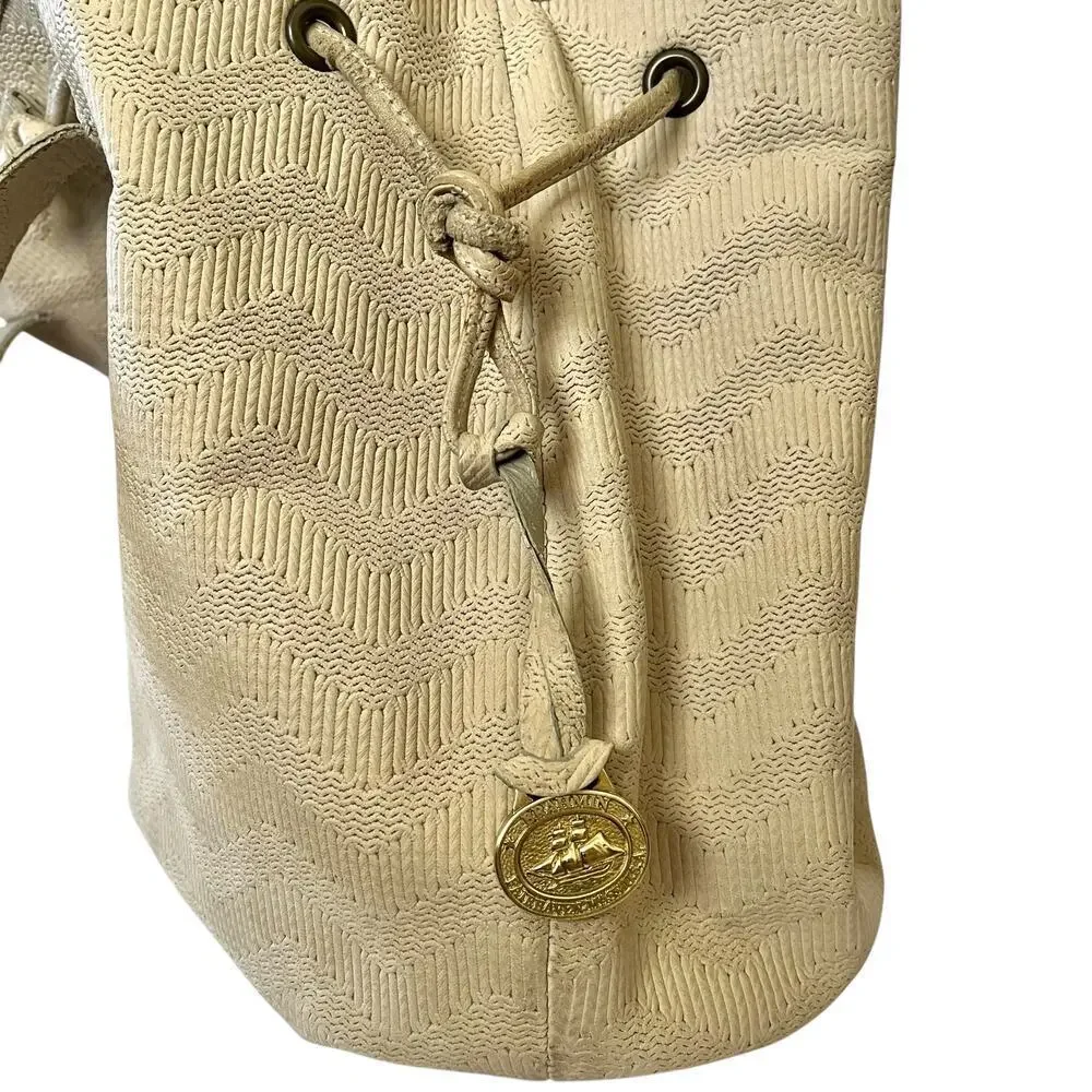 Brahmin 1980s Vintage Early Old Stock Chevron Embossed Cream Leather Bucket Bag